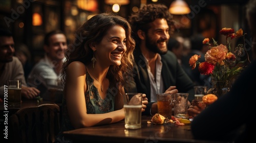 A diverse group of friends celebrating at a bar or restaurant, drinking cocktails and having a good time on a weekend day