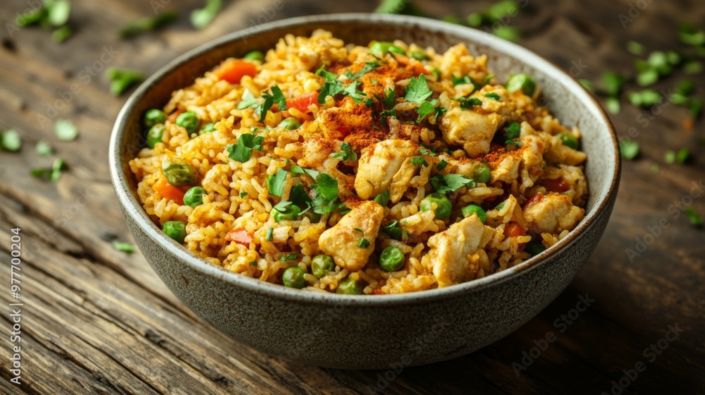A high-resolution image of a bowl of curry fried rice with visible chunks of chicken, vegetables, and a dusting of curry powder, set against a rustic wooden table. A high-resolution image of a bowl of curry fried rice with visible chunks of chicken, vegetables, and a dusting of curry powder, set against a rustic wooden table.