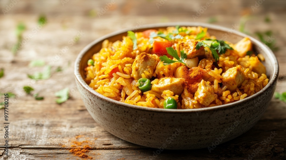 A high-resolution image of a bowl of curry fried rice with visible chunks of chicken, vegetables, and a dusting of curry powder, set against a rustic wooden table. A high-resolution image of a bowl of curry fried rice with visible chunks of chicken, vegetables, and a dusting of curry powder, set against a rustic wooden table.
