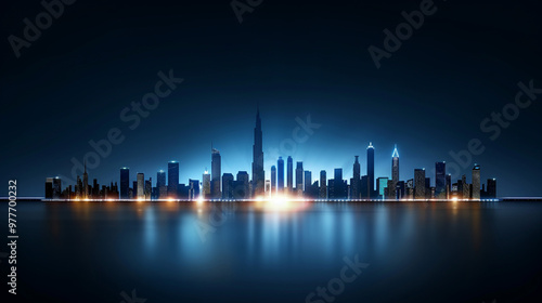 Luminous silhouette of a city skyline at twilight, portraying the change from day to night, urban and lively 