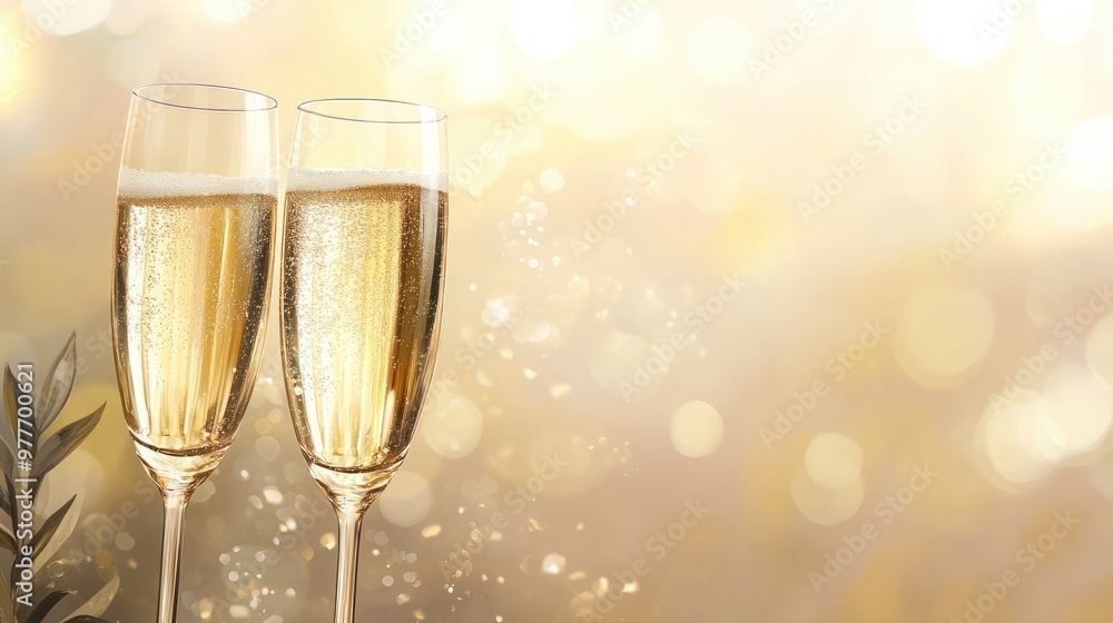 Two golden champagne flutes grasses on a new year eve background Two golden champagne flutes grasses on a new year eve background
