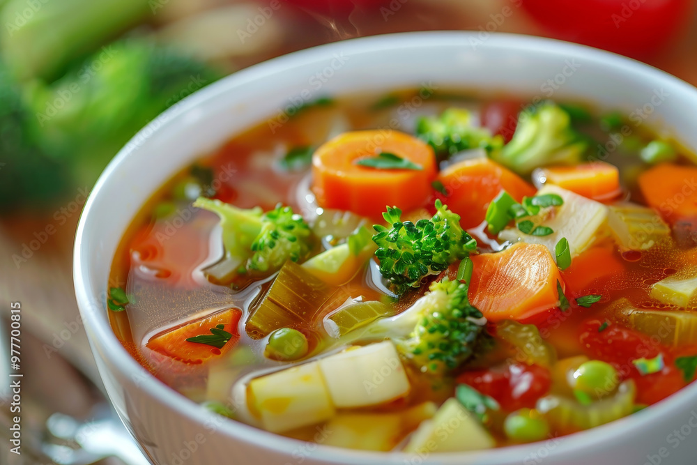 A bowl of soup with vegetables in it A bowl of soup with vegetables in it