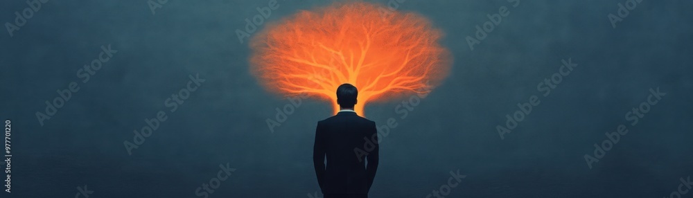 Businessman standing in front of a giant glowing idea tree, representing growth through creativity, idea growth, innovation in business Businessman standing in front of a giant glowing idea tree, representing growth through creativity, idea growth, innovation in business
