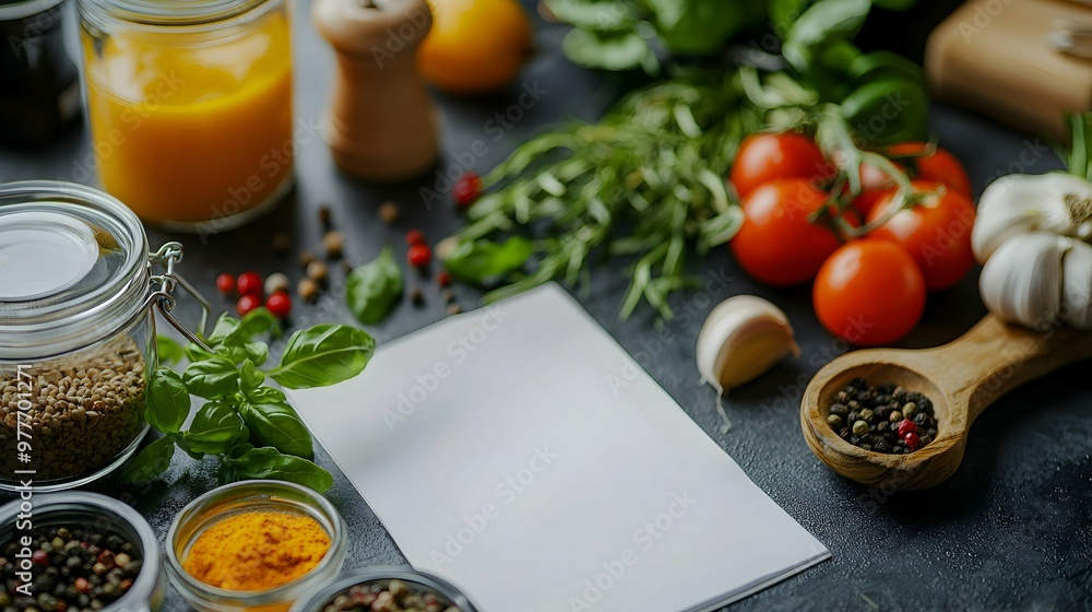 Blank Recipe Page with Spices Herbs and Vegetables on Dark Background Blank Recipe Page with Spices Herbs and Vegetables on Dark Background