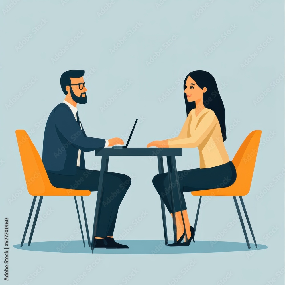 A professional meeting between a man and a woman at a desk, discussing ideas with a laptop in a modern office setting. A professional meeting between a man and a woman at a desk, discussing ideas with a laptop in a modern office setting.