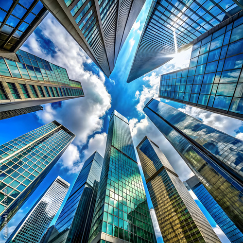 glassencased skyscrapers framed by azure sky