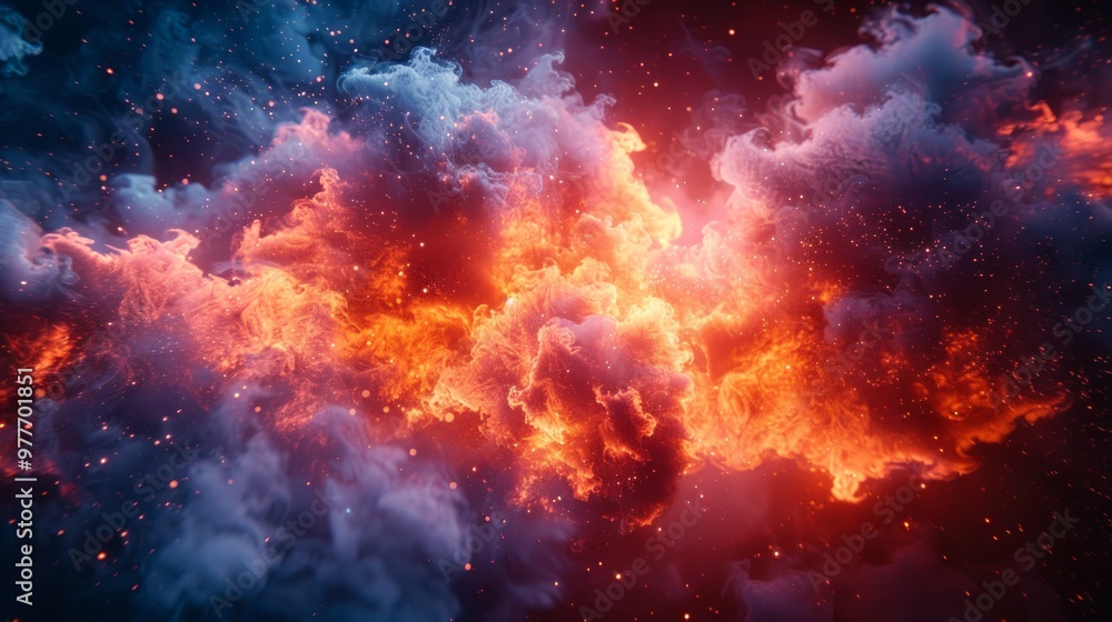 Fototapeta premium 3D fire explosion with smoke on a black background. Fireball, red and blue flames in the air, burning smoke cloud, flame ball.