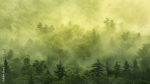 A forest with trees and fog