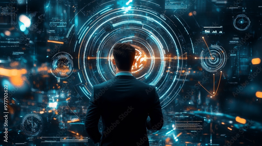 Obraz premium Businessman Looking at Digital Interface with Data and Graphs.