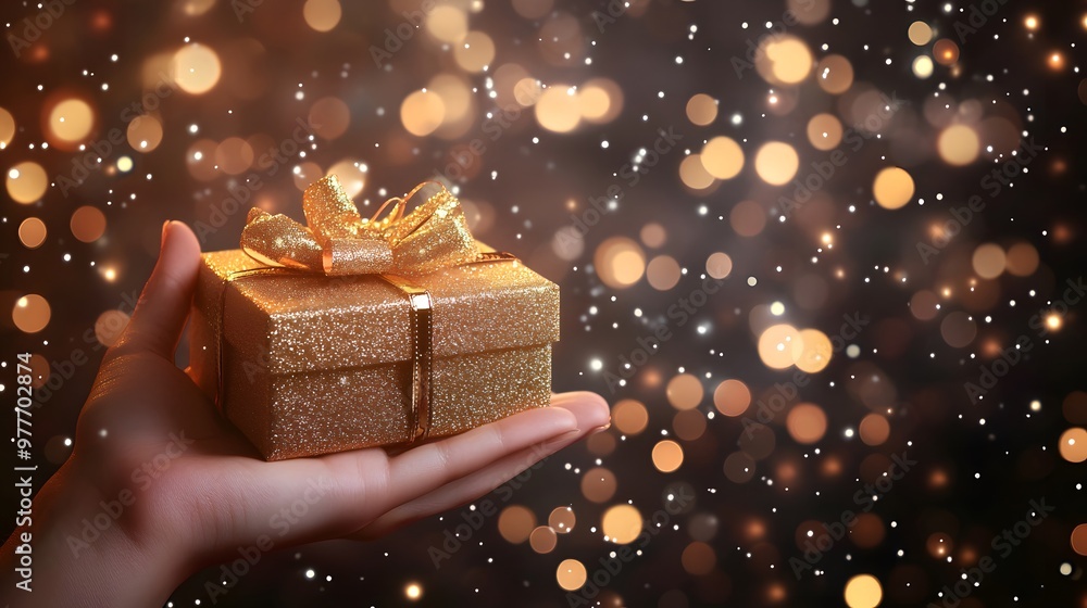 Gift Box in Hand with Glittering Background: A hand holding a gift box, with a sparkling, glittering background that adds a festive atmosphere.
Gift Box in Hand with Glittering Background: A hand holding a gift box, with a sparkling, glittering background that adds a festive atmosphere.