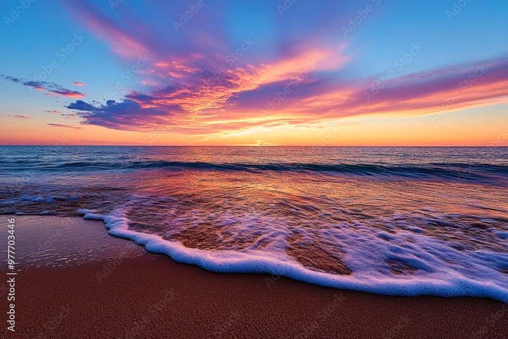 Calming coral sky merging with the ocean at sunset, blending soft hues in a tranquil scene Calming coral sky merging with the ocean at sunset, blending soft hues in a tranquil scene
