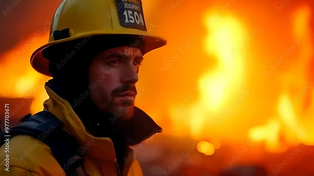 Firefighter in Yellow Helmet Looking at Fire Firefighter in Yellow Helmet Looking at Fire