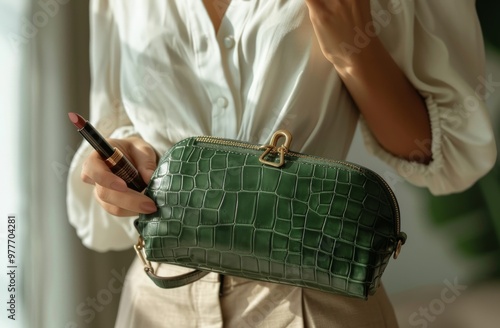 Woman holding green leather makeup bag with crocodile texture and golden ring handle, white shirt on her waist, beige pants, she is applying the lipstick to herself in front of camera, medium shot, na photo