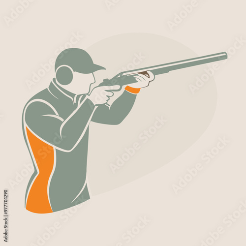 a Trap shooting, aiming athlete with gun, silhouette vector art, isolated white background