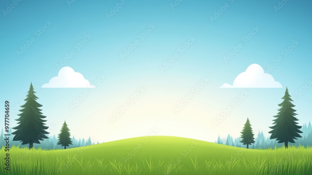 A serene illustration of a grassy hill, dotted with evergreen trees under a bright blue sky and fluffy clouds, ideal for nature themes. A serene illustration of a grassy hill, dotted with evergreen trees under a bright blue sky and fluffy clouds, ideal for nature themes.