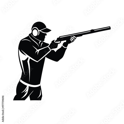 a Trap shooting, aiming athlete with gun, silhouette vector art, isolated white background