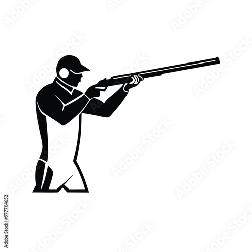 a Trap shooting, aiming athlete with gun, silhouette vector art, isolated white background