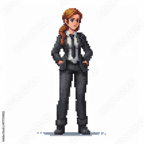 A cool retro 8 bit game art style image of a business woman wearing a black suit and tie on a white background photo