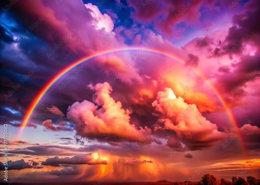 Vibrant arco iris stretches across dramatic sky, its radiant colors gradating from crimson to violet, illuminated by Vibrant arco iris stretches across dramatic sky, its radiant colors gradating from crimson to violet, illuminated by