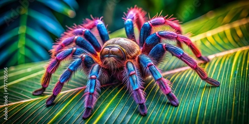 Vibrant Antilles pinktoe tarantula perches on a tropical leaf, its iridescent pink toes and metallic blue-green photo