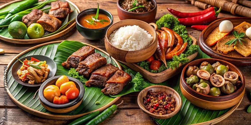 Vibrant arrangement of traditional Filipino dishes, including steaming adobo, savory sinigang, and crispy lechon, set Vibrant arrangement of traditional Filipino dishes, including steaming adobo, savory sinigang, and crispy lechon, set
