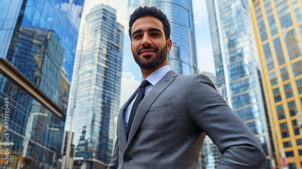 Confident Businessman in Suit Standing in Front of Modern Skyscrapers Confident Businessman in Suit Standing in Front of Modern Skyscrapers