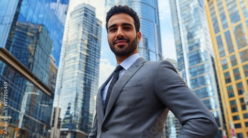 Wallpaper Mural Confident Businessman in Suit Standing in Front of Modern Skyscrapers Torontodigital.ca