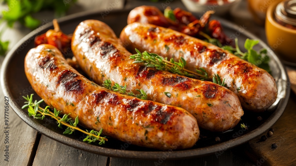 A high-resolution image of a plate of cooked sausages with a focus on their juicy, plump texture and a garnish of fresh herbs and condiments. A high-resolution image of a plate of cooked sausages with a focus on their juicy, plump texture and a garnish of fresh herbs and condiments.