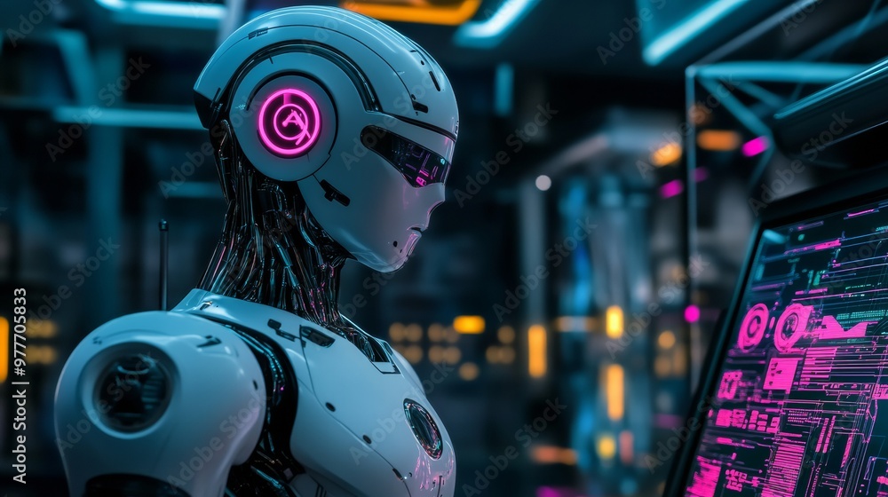 Futuristic Robot Working on a Computer. Futuristic Robot Working on a Computer.
