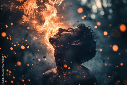 Man breathing fire in dark forest with sparks and fire bokeh, concept of power, magic, and strength