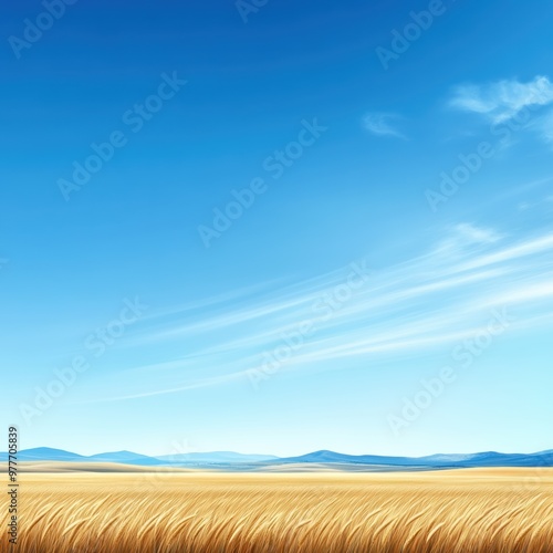 A serene landscape featuring golden wheat fields under a clear blue sky, ideal for nature, agriculture, and rural themes.