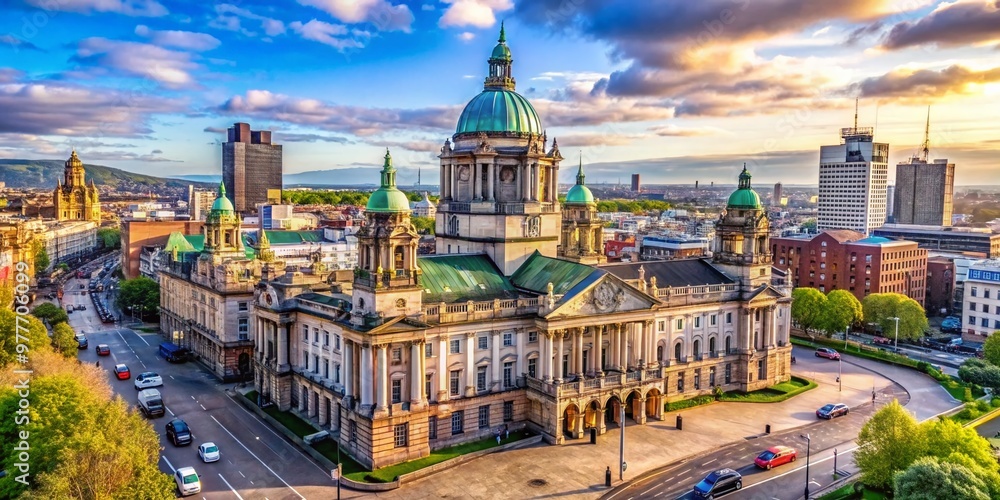 Fototapeta premium Vibrant Belfast cityscape featuring the iconic Belfast City Hall, surrounded by bustling streets, historic buildings,