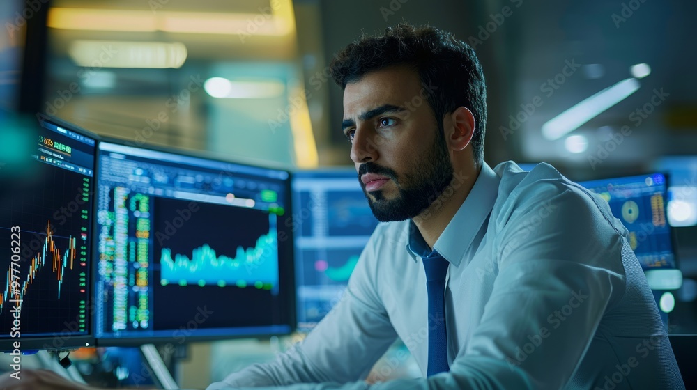Stock Market Analyst Working Late at Night Stock Market Analyst Working Late at Night