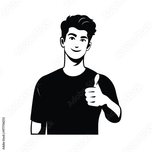 a Young man with thumbs up, silhouette vector art, isolated white background