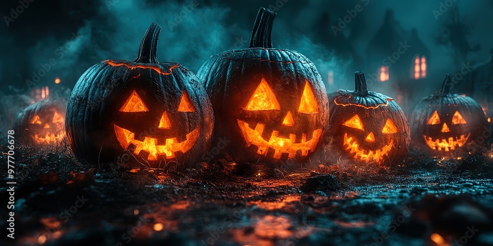 Abandoned scary house near the cemetery in the forest with pumpkins, a full moon, bats and fog. Pumpkins In Graveyard In The Spooky Night, Halloween Backdrop Abandoned scary house near the cemetery in the forest with pumpkins, a full moon, bats and fog. Pumpkins In Graveyard In The Spooky Night, Halloween Backdrop