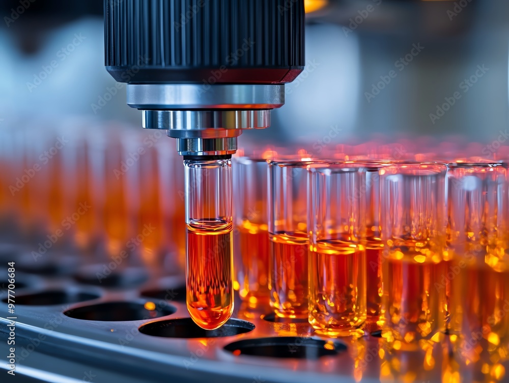 Close-up of a precision pipette dispensing vibrant orange liquid into vials in a laboratory setting, showcasing scientific innovation. Close-up of a precision pipette dispensing vibrant orange liquid into vials in a laboratory setting, showcasing scientific innovation.