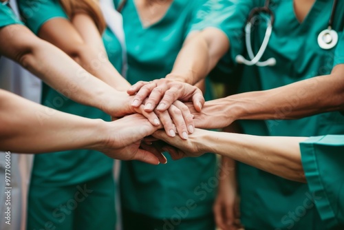 The photo shows several people in green scrubs and white coats standing with their hands stacked together, symbolizing unity or teamwork within the medical field. The background is blurred to focus on