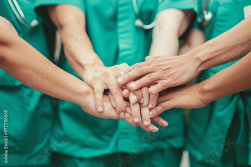 The photo shows several people in green scrubs and white coats standing with their hands stacked together, symbolizing unity or teamwork within the medical field. The background is blurred to focus on