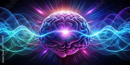 Vibrant blue and purple brain waves undulate across a dark background, with radiant, swirling patterns evoking a sense