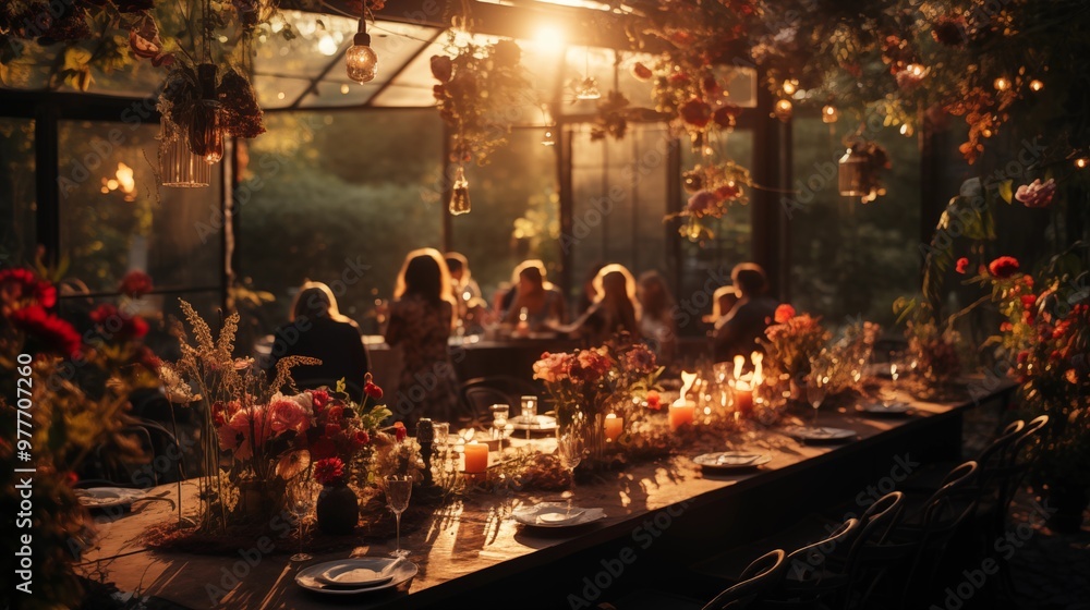 Atmospheric shot of a garden birthday party at sunset. Atmospheric shot of a garden birthday party at sunset.