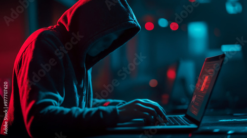 Laptop compromised by a hacker. Cybercriminal breaching the computer, cracking passwords, and attacking the internet security system. Phishing scam. Unauthorized access to personal and banking data. 