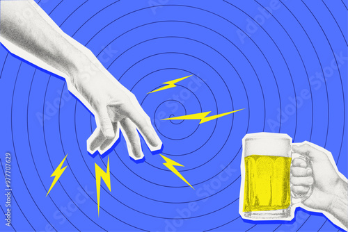 Mixed media collage featuring two hands: one reaching out, the other holding a beer mug. Comedy and funny concept.