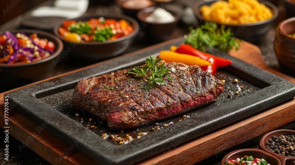 A high-resolution image of a sizzling steak on a hot stone plate, surrounded by colorful side dishes and garnished with herbs and spices, in a stylish restaurant. A high-resolution image of a sizzling steak on a hot stone plate, surrounded by colorful side dishes and garnished with herbs and spices, in a stylish restaurant.