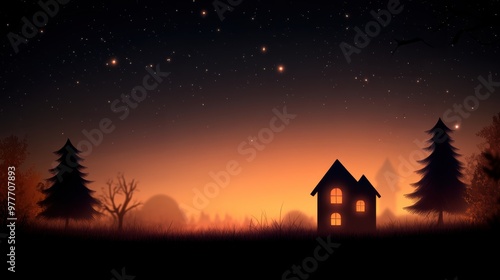 A serene night scene featuring a silhouetted house against a starry sky and glowing horizon, evoking peace and tranquility.