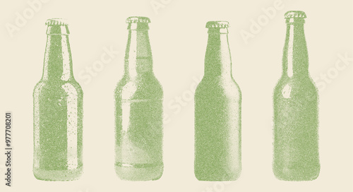 Set of stippled beer bottles in retro style. Photocopy effect, vintage dotted texture. Ideal for branding, packaging, poster for beer theme and beverages.