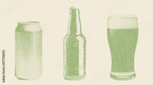 Set of stippled beer elements in retro style. Can, bottle, glass. Photocopy effect, vintage dotted texture. Perfect for craft beer branding, packaging, illustrations in bars, breweries, and pubs.