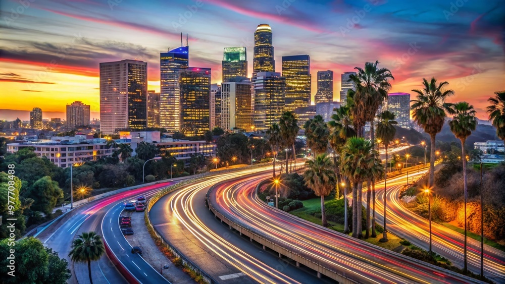 Fototapeta premium Vibrant cityscape at dusk, showcasing the 110 South Freeway's illuminated curves and bustling traffic, with modern