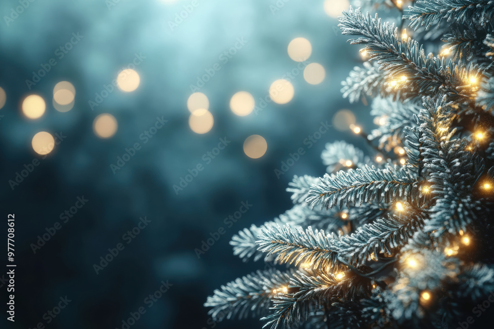 Festive Christmas Garland Bokeh Lights with Blue Backdrop Festive Christmas Garland Bokeh Lights with Blue Backdrop
