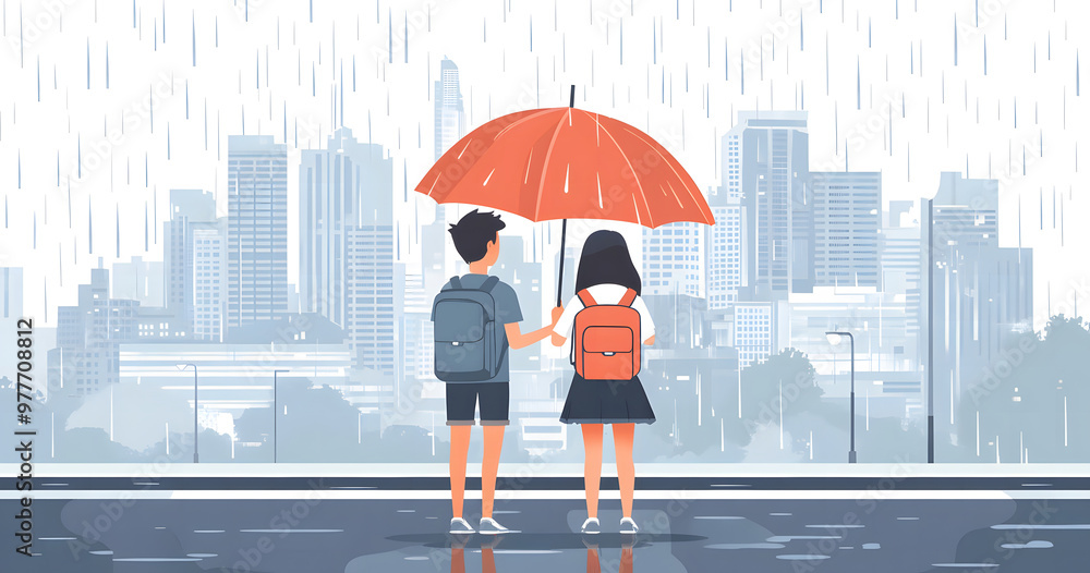 Two School Children Sharing an Umbrella in the Rain, Standing in Front of a City Skyline Two School Children Sharing an Umbrella in the Rain, Standing in Front of a City Skyline
