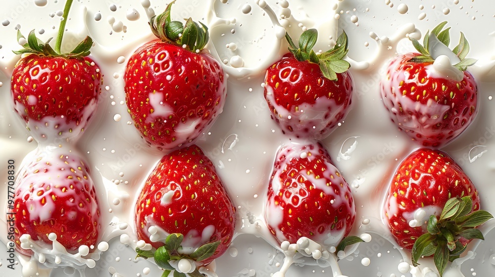 Set of strawberry and milk splash, isolated on a white background, detailed, PNG image. Set of strawberry and milk splash, isolated on a white background, detailed, PNG image.